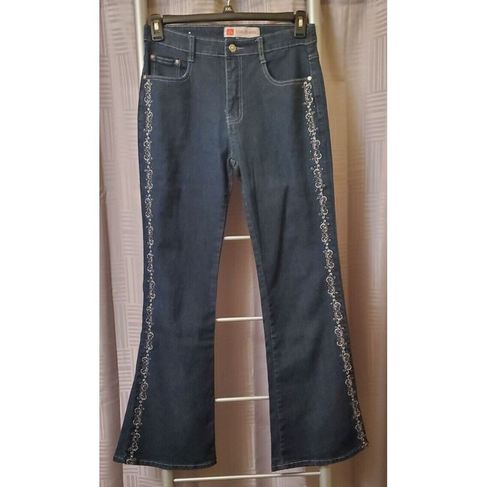 Women's Cos Jeans Size 8 Curvy Flare Bling Pockets‎ Dark Blue Denim